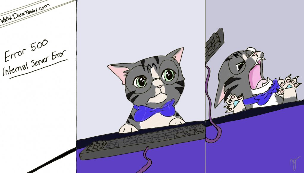 The Plugin That Took My Whole Site Down (And I Wasn't Even Using It) 3 panel cartoon image grey tabby cat paws on a desk looking at Error 500 internal server error then screaming.